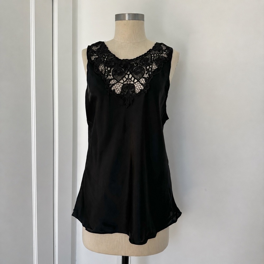 Vintage Cinema Etoile Black Satin Lace Tank Top Romantic Goth 90s Y2K Camisole